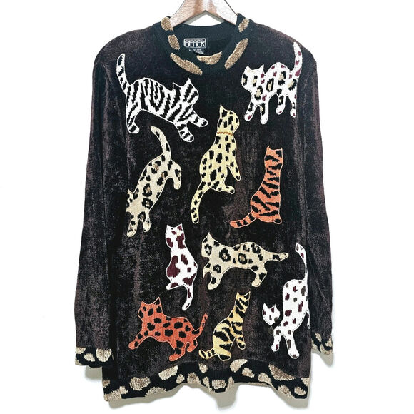 Berek Vintage Cat Sweater Sz L Brown 80's Cats All Over Print Soft Grandmacore - Picture 1 of 8